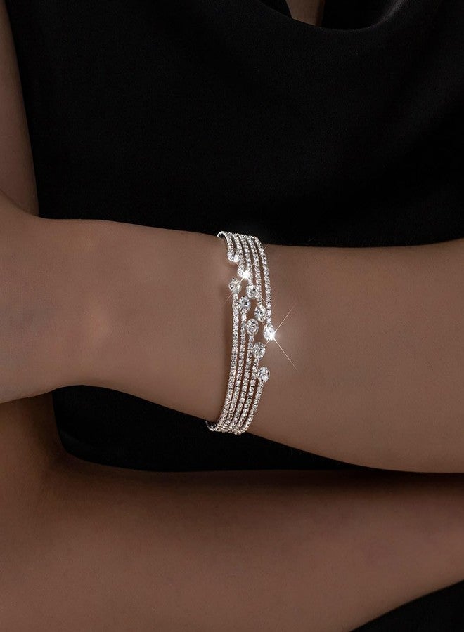 IS4U Multilayer Rhinestone Bridal Bracelet Adjustable Water Diamond Elastic Cuff Bracelet Chunky Silver Bracelet Sparkling Crystal Bangle for Women (Silver2) - Image 2
